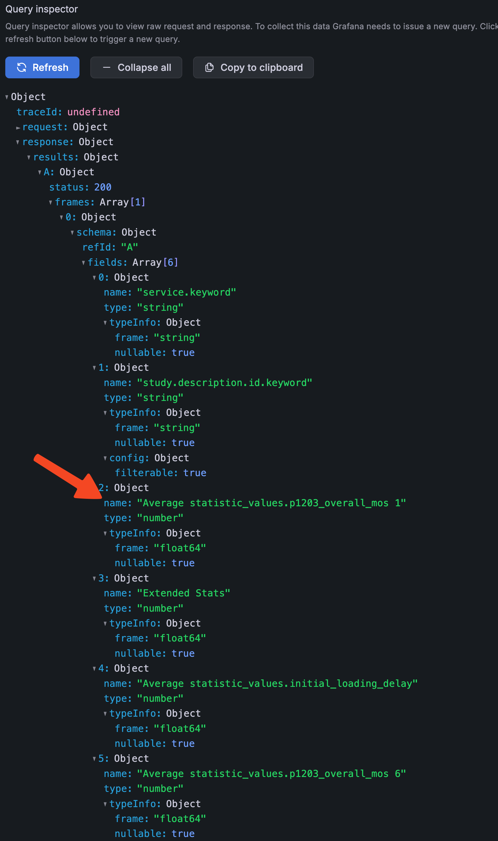 Query Inspector showing column names